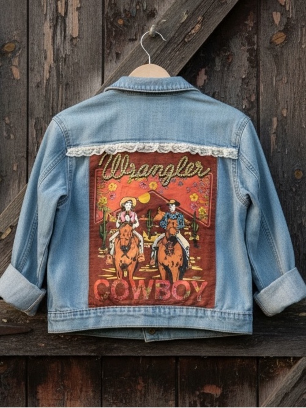 Western Horse Theme Upcycled Denim Jacket Vintage Lace Cowgirl Rodeo